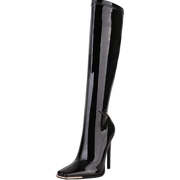 Sun gurg women’s knee high boots W/ Zipper Square Toe stiletto Size 7 Black NEW - Picture 1 of 7